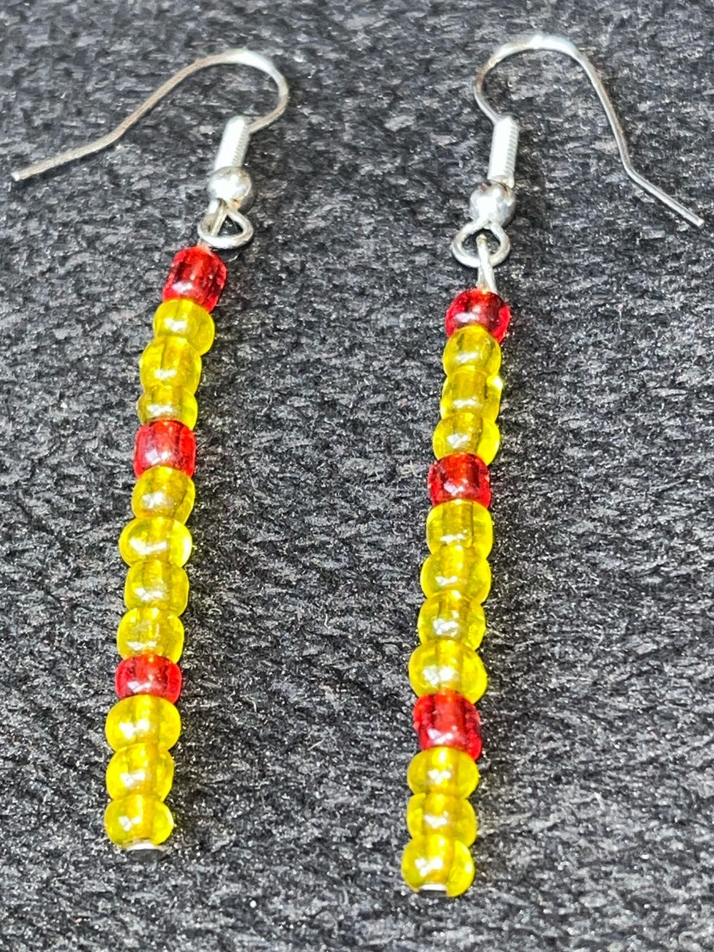 Handmade Red Yellow Beaded Dangle Earrings Long Drop Artisan Jewelry